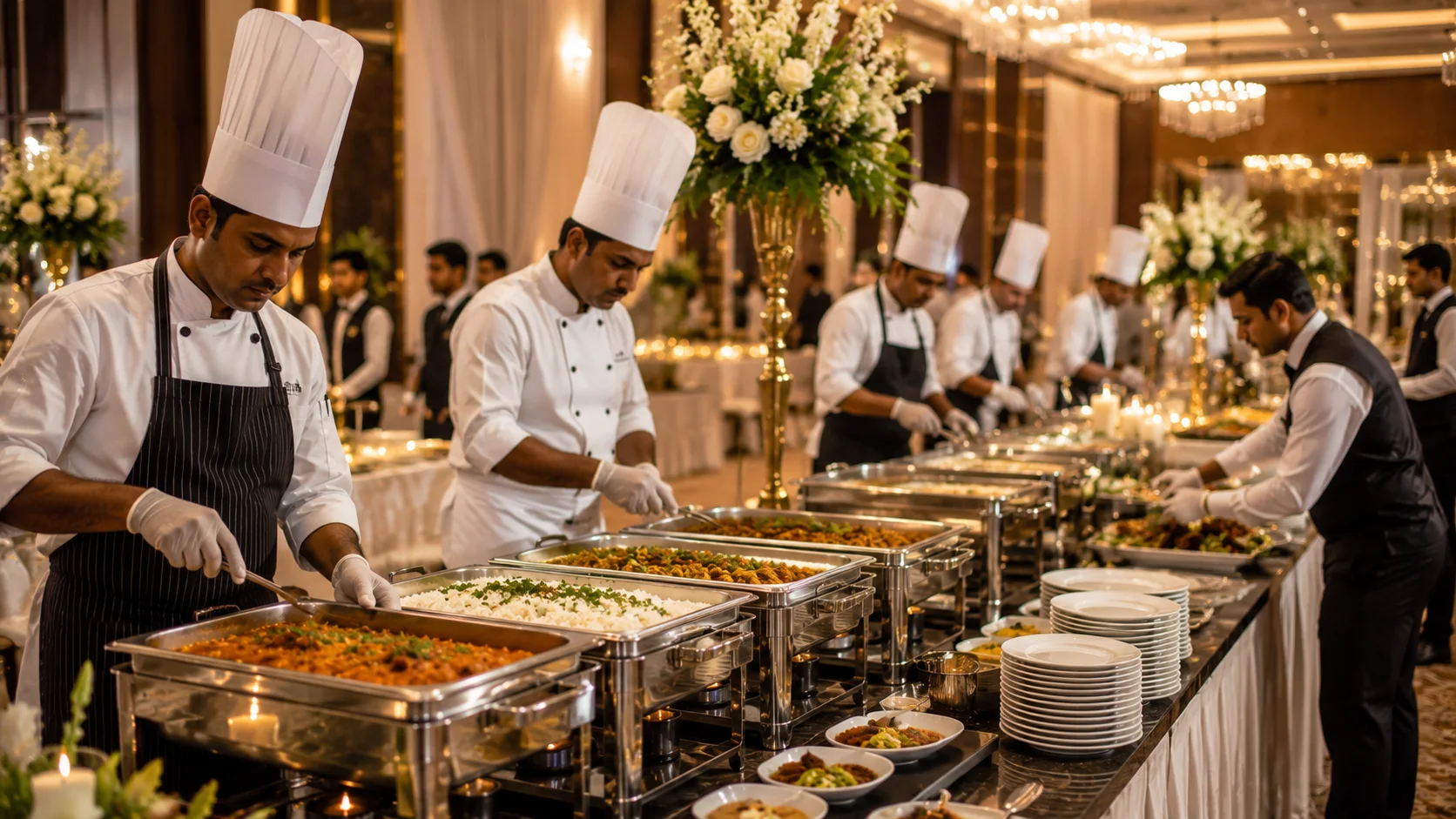 Professional catering company preparing large-scale food-service meals