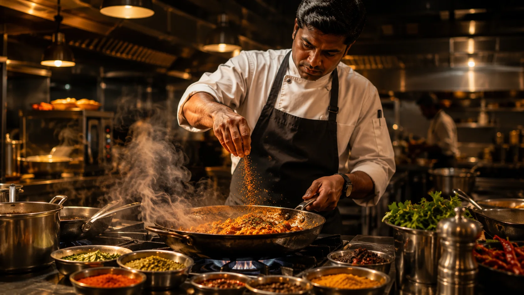 Professional chef preparing Indian food with spices in a commercial restaurant kitchen