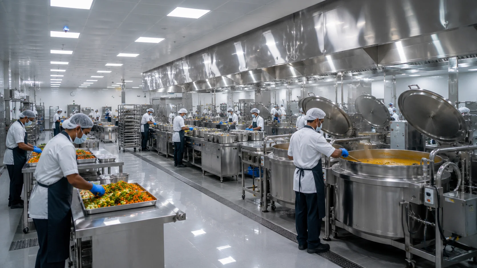Large professional institutional kitchen for high-volume food preparation