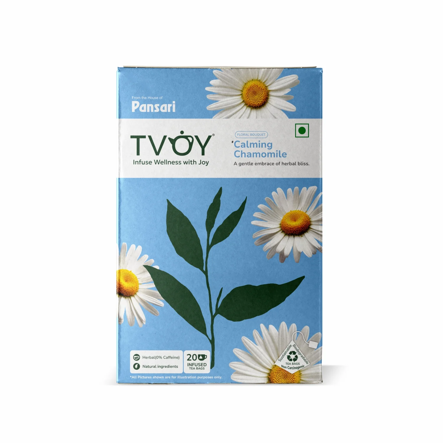 TVOY Calming Chamomile Tea — pure golden chamomile flower infusion